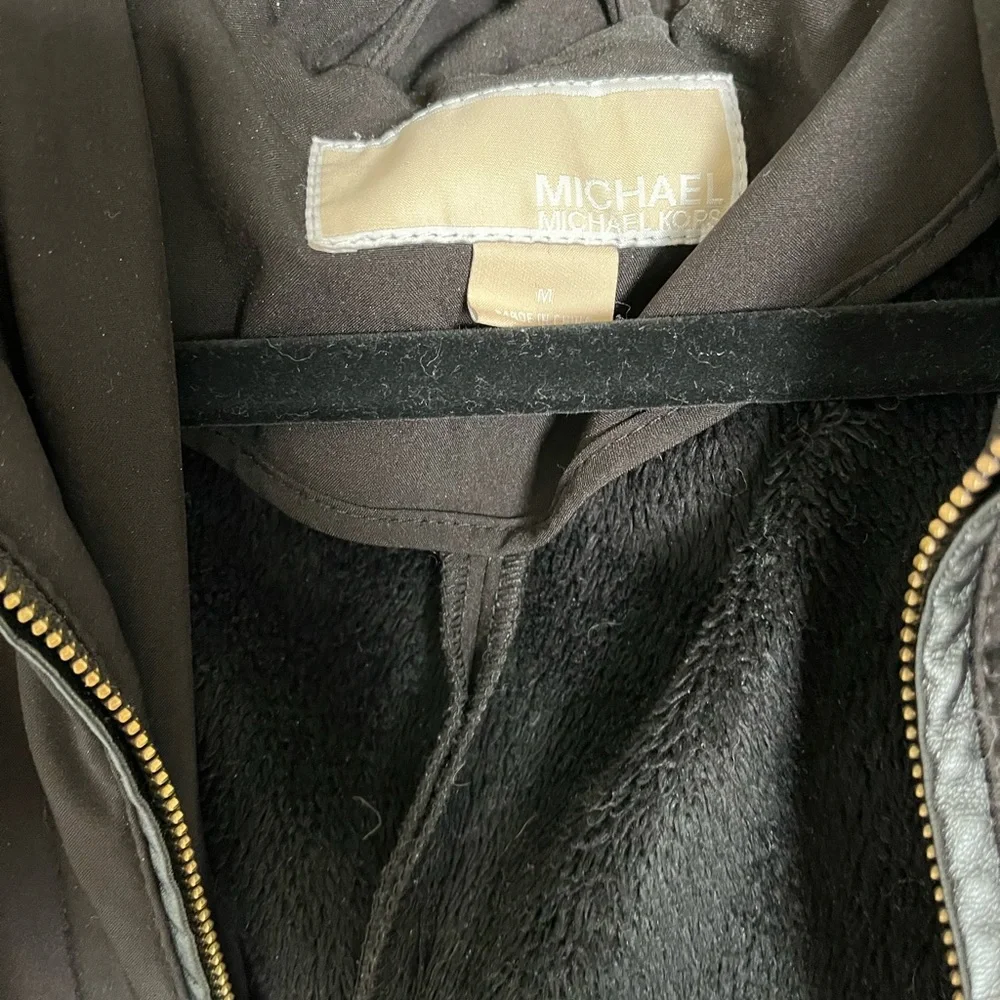 Michael Kors Trench Coat Women's M Black Wt Gold Accents Lined Polyester STAINED